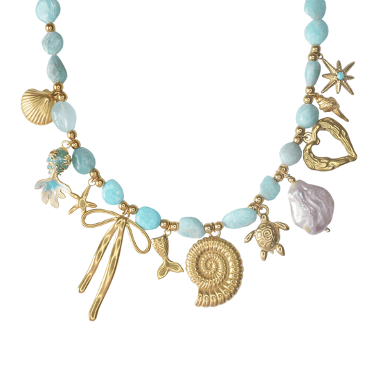 Bedel ketting goud amazoniet en parel