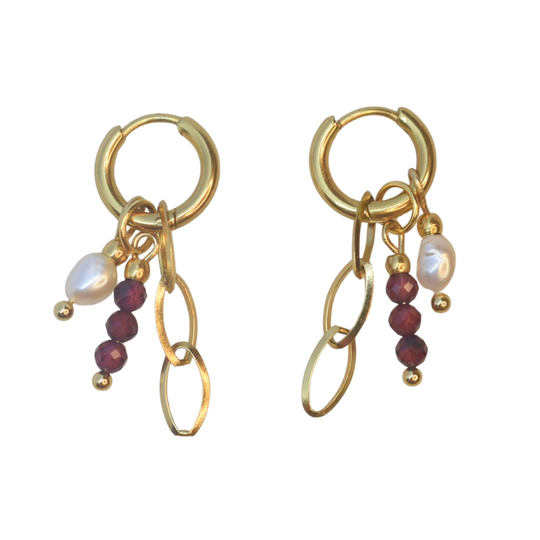 Oorbellen bordeaux rood met zoetwater parels en granaat edelstenen