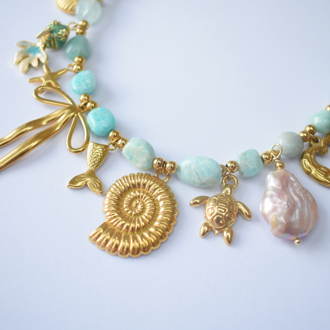 Bedel ketting goud amazoniet en parel
