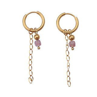 Oorbellen lang roze aardbeienkwarts goud