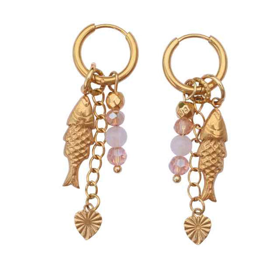 Oorbellen hangertjes goud vis rozenkwarts