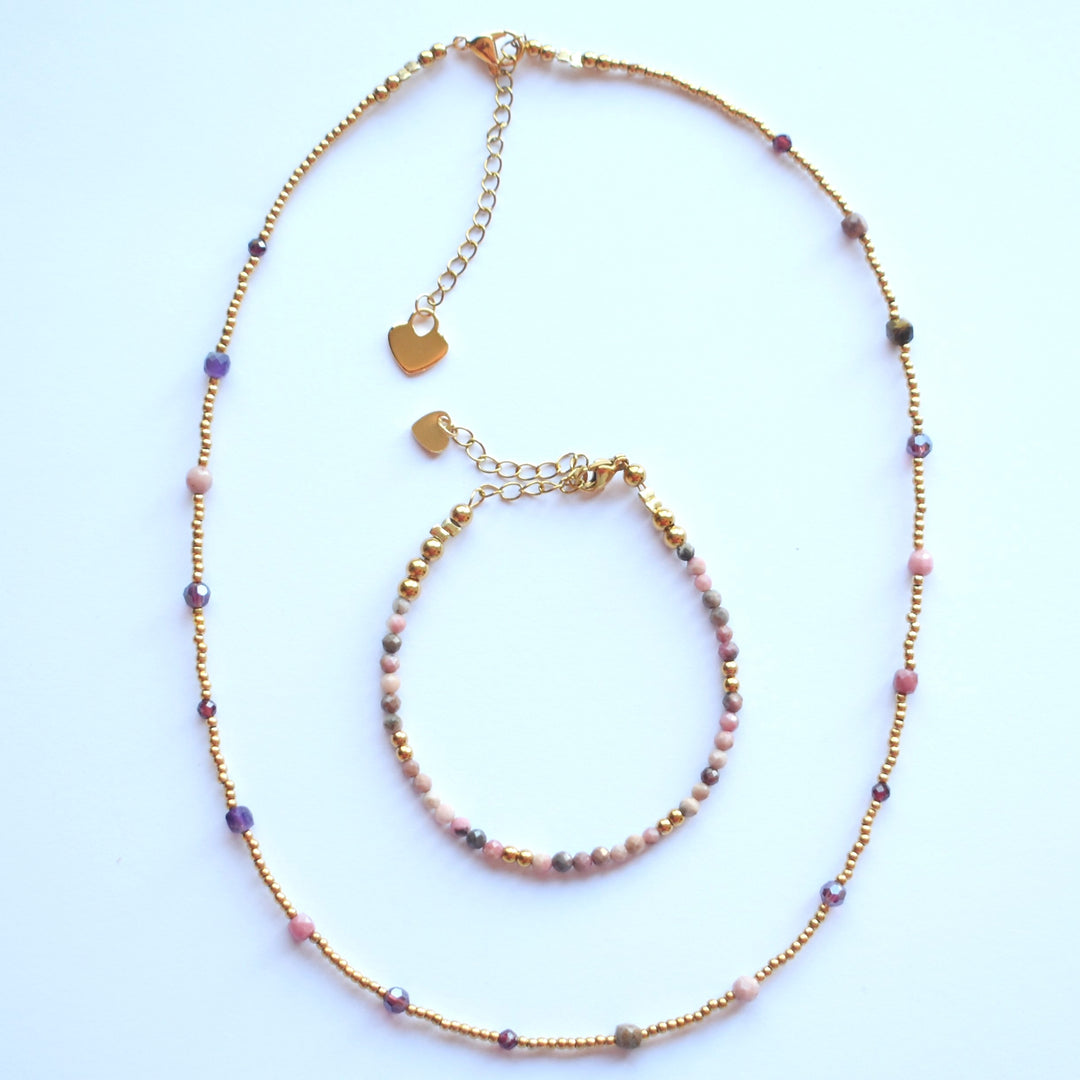 Sieraden set ketting met armband tijgeroog rhodoniet