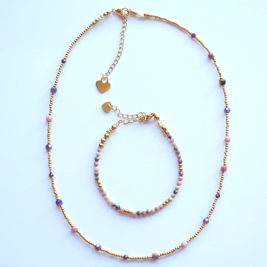 Sieraden set ketting met armband tijgeroog rhodoniet