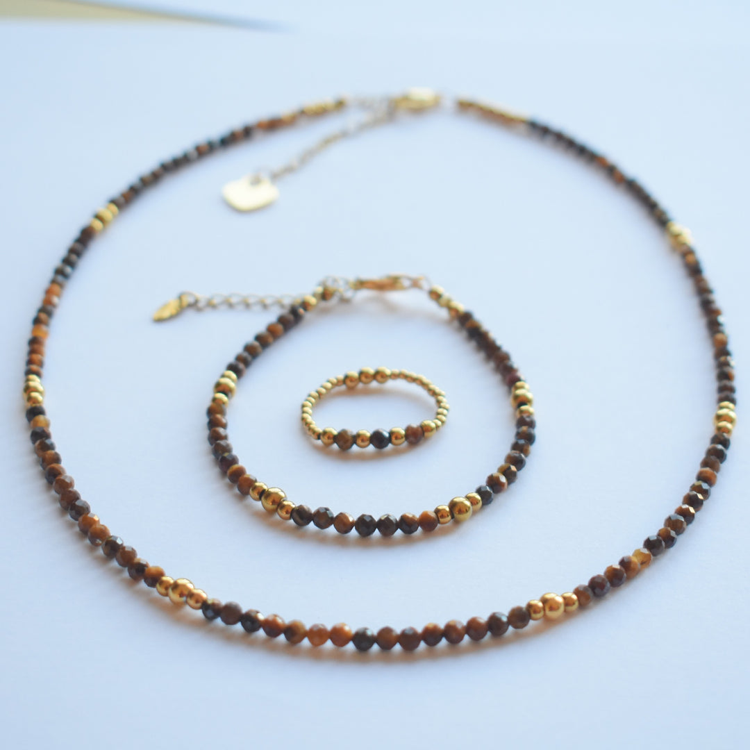 Sieraden set ketting met armband bruine tijgeroog stenen