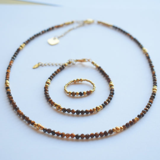 Sieraden set ketting met armband bruine tijgeroog stenen