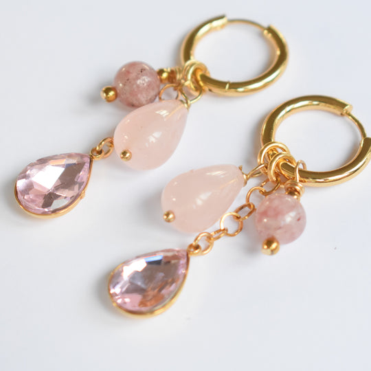 Statement oorbellen rozenkwarts en roze kristal
