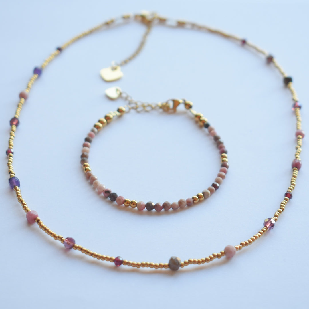 Sieraden set ketting met armband tijgeroog rhodoniet
