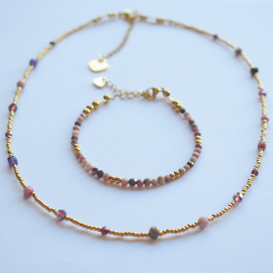 Sieraden set ketting met armband tijgeroog rhodoniet