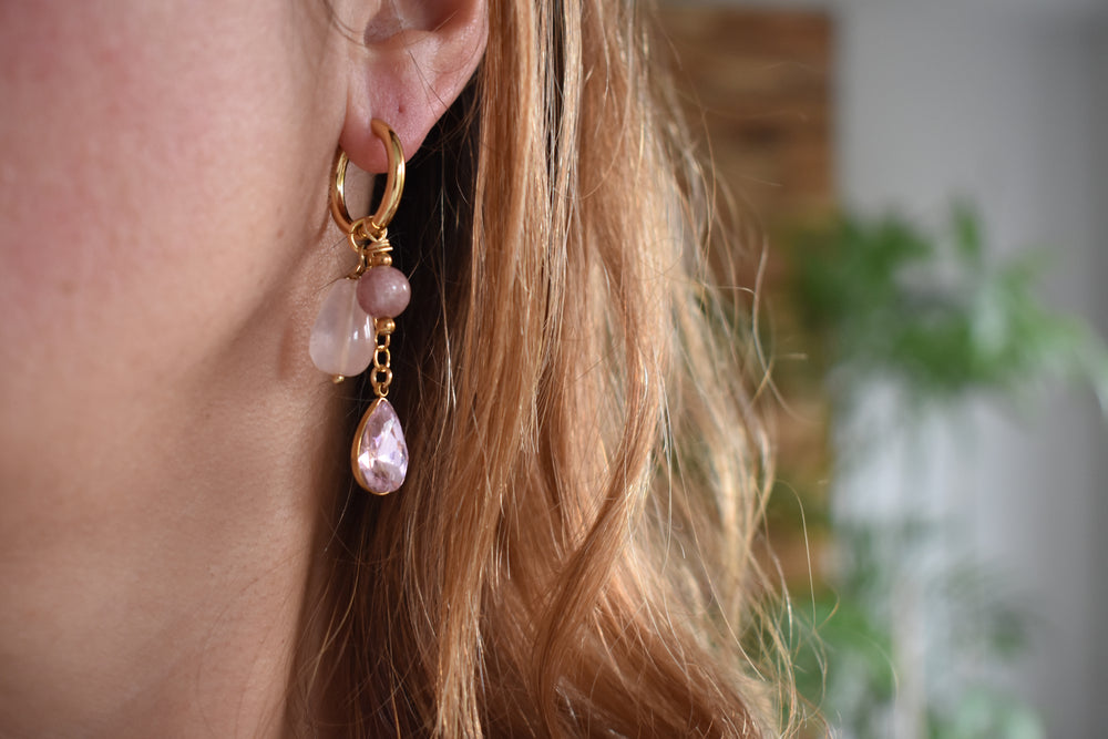 Statement oorbellen rozenkwarts en roze kristal