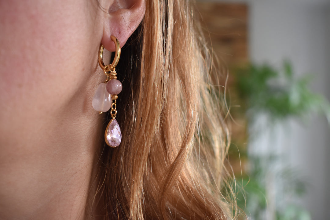 Statement oorbellen rozenkwarts en roze kristal