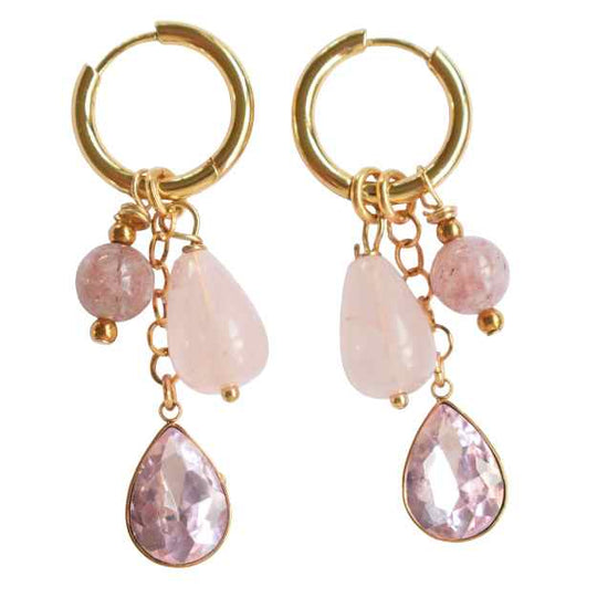 Statement oorbellen rozenkwarts en roze kristal